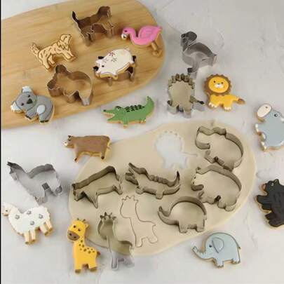 12 piezas Set de cortadores de galletas en forma de animales miniatura - Moldes de galletas de acero inoxidable que incluyen león, jirafa, hipopótamo, panda, koala, elefante, perro, cocodrilo, flamenco para hornear galletas, decoración de fondant