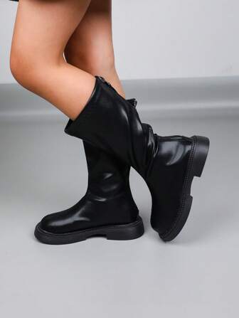 1 par de botas altas de moda lindas para niñas con cremallera trasera de PU