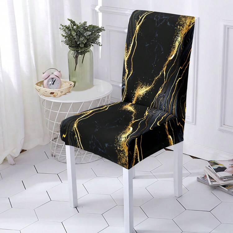 1pc Antiskid Marble Style Spandex Stretch Dining Chair Covers, Multi-Color & Floral Pattern, Suitable For Living Room & Dining Room - 395 - View 1