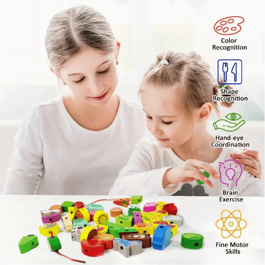 Wooden Beads Threading Building Blocks Toy, DIY Educational Learning ...