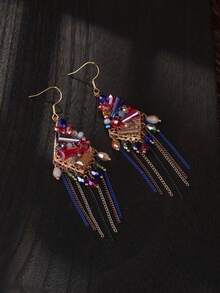 1 对手工制作的波西米亚复古玻璃串珠流苏耳环 - 彩色的 - 查看 3