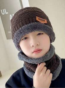 1 件温暖时尚舒适的冬季无檐小帽和围巾套装，适合男孩和女孩在冬季使用。 - 黑色 - 查看 12