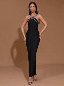 新款重磅链条水晶钻石绷带紧身长裙，性感派对礼服