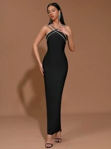 新款重磅链条水晶钻石绷带紧身长裙，性感派对礼服