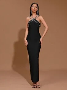 新款重磅链条水晶钻石绷带紧身长裙，性感派对礼服