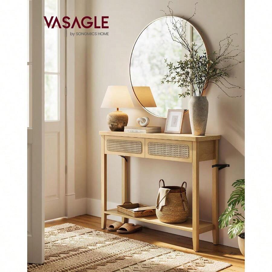 VASAGLE Console Table, Boho Entryway Table, Narrow Sofa Table, Entry Table With 2 Drawers, Behind Couch Table With Open Storage Shelf, Rounded Corners, For Living Room - Khaki - View 1