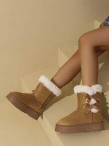 1 Pair Women's Winter Bow Hook And Loop Thick Faux Thermal Lined Mid-Calf Snow Boots, Featuring Bow Decor And Plush Details For Warmth And Comfort, Suitable For Daily Wear And Outings