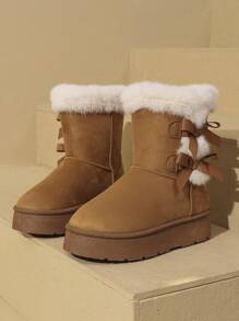 1 Pair Women's Winter Bow Hook And Loop Thick Faux Thermal Lined Mid-Calf Snow Boots, Featuring Bow Decor And Plush Details For Warmth And Comfort, Suitable For Daily Wear And Outings