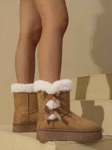 1 Pair Women's Winter Bow Hook And Loop Thick Faux Thermal Lined Mid-Calf Snow Boots, Featuring Bow Decor And Plush Details For Warmth And Comfort, Suitable For Daily Wear And Outings