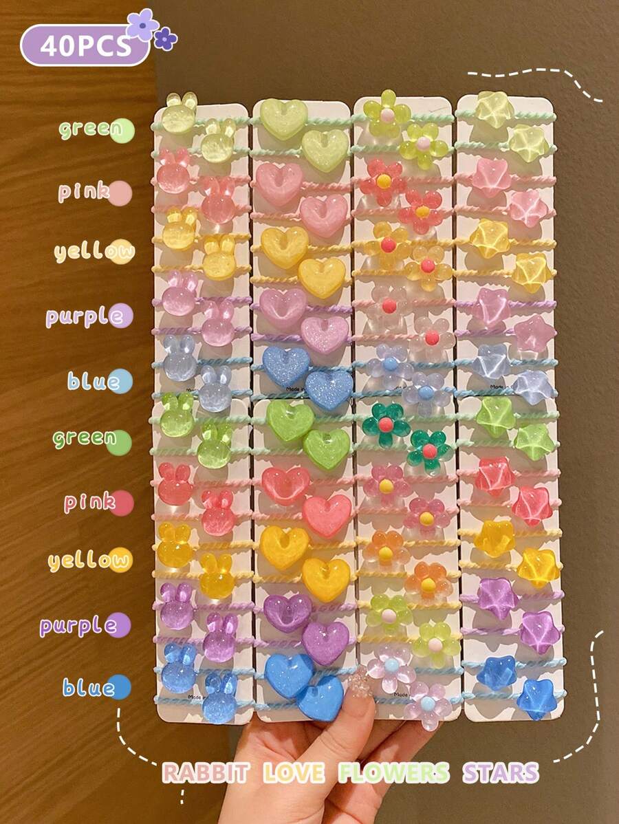 40/80pcs Girls' Colorful Rainbow Heart & Star Thumb Hair Scrunchies - Multicolor - View 1