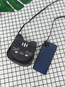 1 件时尚小猫幼儿童斜挎包方形包钱包单肩包翻盖包多功能轻便便携小号带扣迷你日常零钱包旅行购物度假儿童户外儿童礼物纯色经典 PU 皮革可爱卡通小猫表情图案时尚休闲包糖果收纳袋适合幼儿童小学生女孩旅行配件 - 黑色 - 查看 3