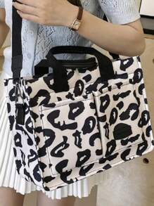 New Arrival Spring/Summer Floral & Polka Dot Print Vacation Fashion Ladies Handbag, Computer Briefcase, Commuter Bag, Crossbody Bag, Simple Tote Bag, Large Capacity Multi-Pocket, Sweet Daily Tote Bag Valentines, Tote Bags For Students, Multiple Compartments, Perfect For Beach, School, Work & Daily Use - Black and White - View 5