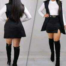 Set de 4 piezas chaleco tipo blazer blusa crop manga larga falda mini corta con abertura lateral  sexy comoda juvenil coquette cinturon conjunto de dama