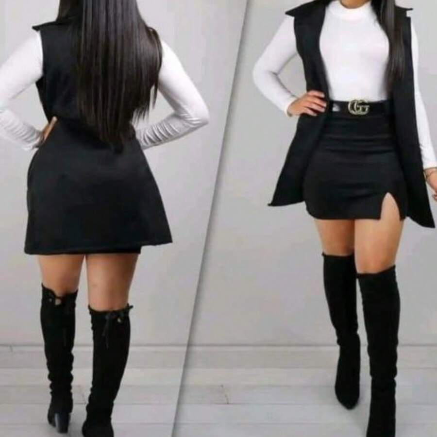 Set de 4 piezas chaleco tipo blazer blusa crop manga larga falda mini corta con abertura lateral  sexy comoda juvenil coquette cinturon conjunto de dama