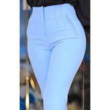 Pantalón con pinzas de talle alto y corte cónico para mujer, elegante, con bolsillos simulados, color liso, cómodo y de elasticidad media. - Azul - Ver 1