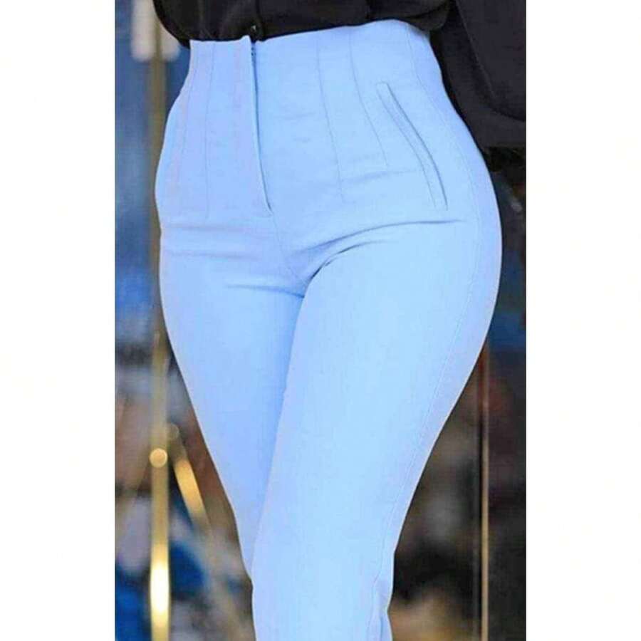 Pantalón con pinzas de talle alto y corte cónico para mujer, elegante, con bolsillos simulados, color liso, cómodo y de elasticidad media. - Azul - Ver 1