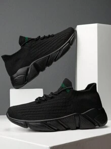 女士黑色透气缓震平底运动鞋 - 舒适四季系带休闲鞋，时尚编织纹理弹性面料材质，低帮 - 黑色 - 查看 5