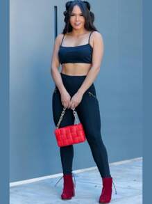 Women's Riding Pants High Waist Leggings With Golden Zipper - Black - View 8