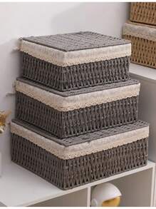 1 Pezzo Scatola da tavolo per il Contenimento, Scatola portaoggetti intrecciata in rattan di carta, Cesto di Stoccaggio con Coperchio, Cesto per riporre Vari Oggetti, Snack, Prodotti Cosmetici, Cucina, Giocattoli, Cesto Portaoggetti per Cosmetici, Cesto