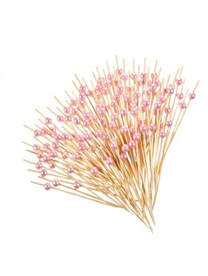 700pcs/200pcs/100pcs/50pcs/10pcs Pink Disposable Bamboo Skewers, Round Creative Faux Pearl Design, Suitable For Kitchen, Tabletop, Fruit Salad, Wedding, Holiday Party , For Halloween Or Christmas Party