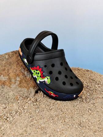 儿童可爱卡通洞洞鞋，夏季海滩度假户外泳池一脚蹬凉鞋，防滑包头，幼儿男孩女孩恐龙洞洞鞋，黑色