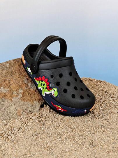 儿童可爱卡通洞洞鞋，夏季海滩度假户外泳池一脚蹬凉鞋，防滑包头，幼儿男孩女孩恐龙洞洞鞋，黑色