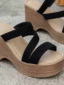 Women's Black Flatform Wedge Sandals - Black - View 6