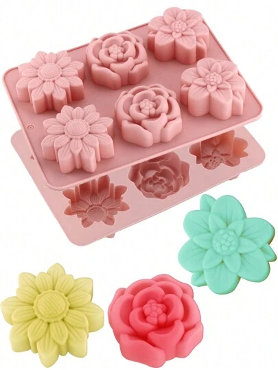 6-Fach Silikonbackform in Blumenform, Gebäck Mooncake Form, für Mungobohnenkuchen, Kekse, Gelee, Pudding