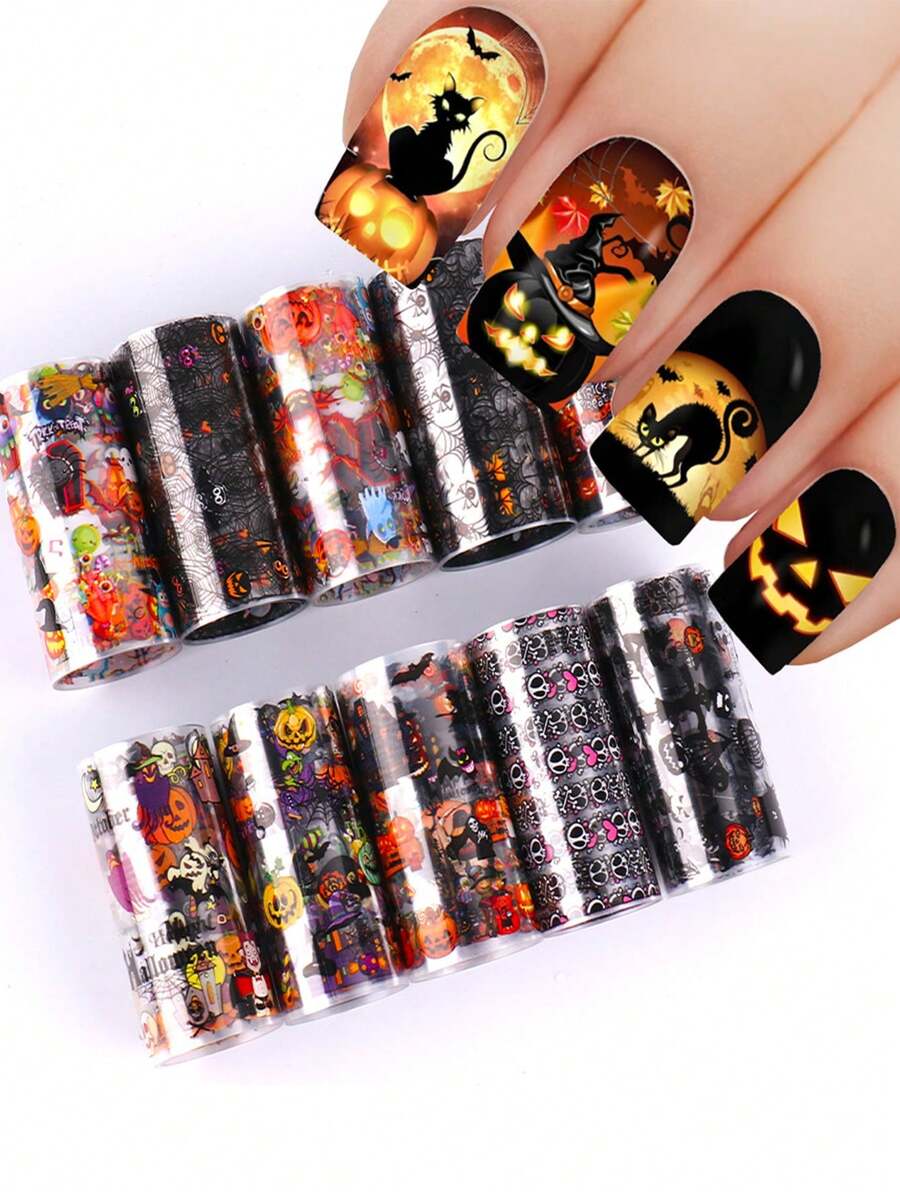 10 卷/盒万圣节指甲贴纸套装，指甲转印贴花，南瓜，蜘蛛，骷髅，幽灵，银河全息美甲装饰适用于万圣节派对美甲 - 彩色 - 查看 1
