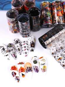 10 卷/盒万圣节指甲贴纸套装，指甲转印贴花，南瓜，蜘蛛，骷髅，幽灵，银河全息美甲装饰适用于万圣节派对美甲 - 彩色 - 查看 2