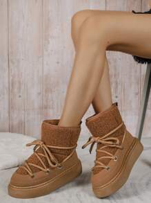 Giày bốt đi tuyết đế dày có dây buộc dành cho nữ, Giày bốt mùa đông lót nhung lông ngắn, Hàng mới thu đông 2024, thoải mái & đa năng - màu nâu - Xem 4