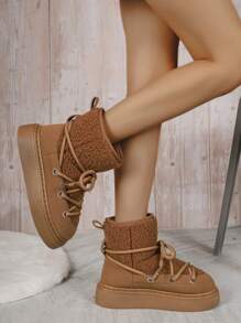 Giày bốt đi tuyết đế dày có dây buộc dành cho nữ, Giày bốt mùa đông lót nhung lông ngắn, Hàng mới thu đông 2024, thoải mái & đa năng - màu nâu - Xem 3