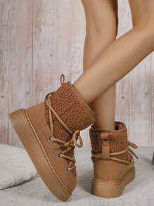 Giày bốt đi tuyết đế dày có dây buộc dành cho nữ, Giày bốt mùa đông lót nhung lông ngắn, Hàng mới thu đông 2024, thoải mái & đa năng - màu nâu - Xem 7