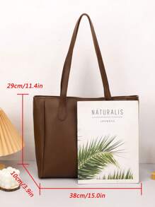 1 件女士纯色 PU 皮革拉链手提包，时尚简约设计，大容量，适合通勤、节日、礼物，女士时尚手提包 - 咖啡棕 - 查看 2