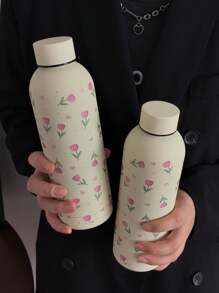 1 件 500 毫升（17 盎司）不锈钢双层保温杯，花卉图案设计，真空密封杯，适用于热饮和冷饮，旅行杯，节日、生日、圣诞节、返校水瓶礼物 - 米色 - 查看 12