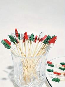 30pcs Colorful Christmas Tree Cocktail Decoration Sticks, Stirring Sticks, Creative Christmas Tree Shape Fruit Decoration Sticks, Baking Cake Decoration Sticks, Food Tasting Toothpicks. For Festivals And Parties Decoration Sticks, Christmas Gifts, Merry Christmas, Party, Birthday Decoration, For Outdoor, Camping - Multicolor - View 6