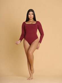 Women's Bodysuit Long Sleeve Square Neckline Suplex Without Pads Autumn Winter Immediate Shipping - 酒紅色 - 查看 2