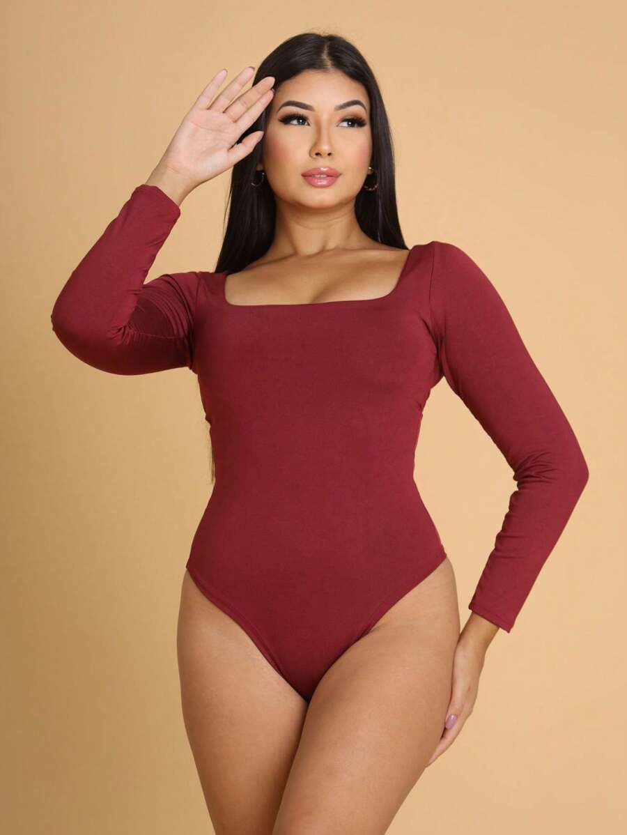 Women's Bodysuit Long Sleeve Square Neckline Suplex Without Pads Autumn Winter Immediate Shipping - 酒紅色 - 查看 1