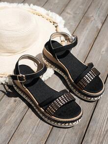 Giày sandal đế xuồng quai đan màu đen có đinh tán, đế Espadrille, quai, giày sandal đi biển mùa hè sang trọng - Nhiều màu - Xem 7