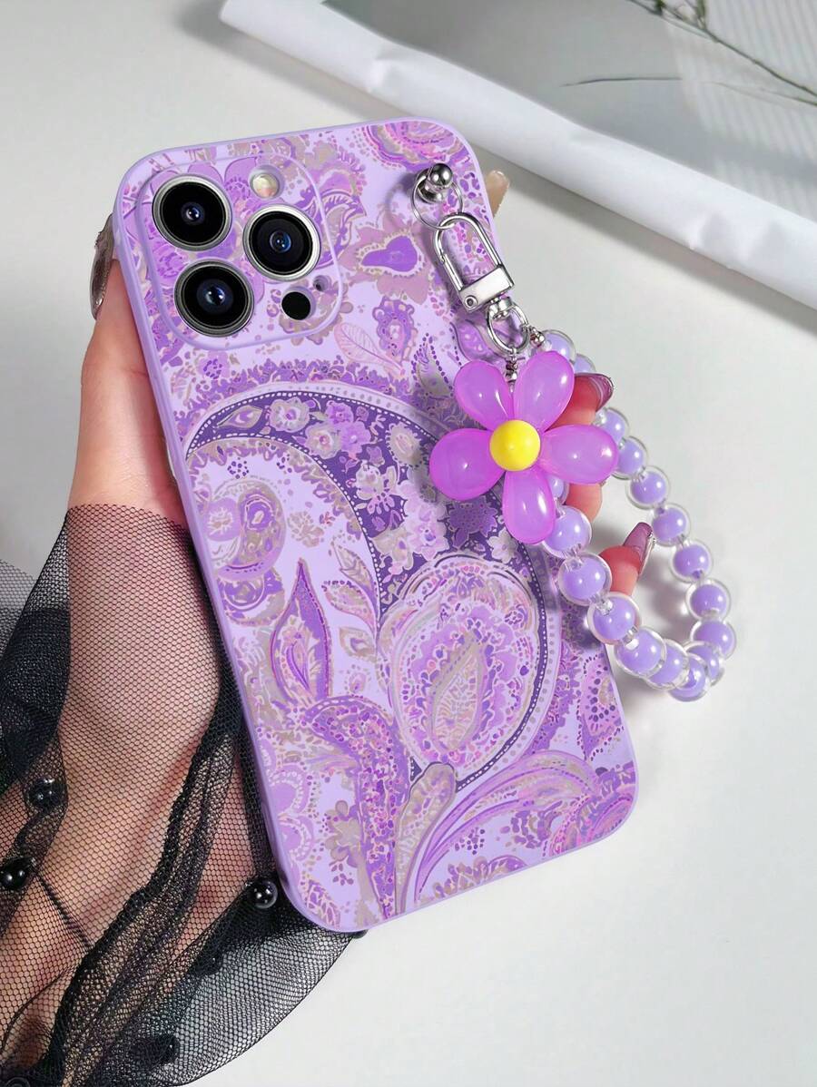 1pc Purple TPU Exotic Floral Pattern Shockproof Phone Case With 1pc Matching Purple Bead Bracelet, Compatible With IPhone/Android Phones Such As Compatible With IPhone 15 Pro Max, Compatible With Samsung A14, A54, A52, A31 4G, A23, Compatible With Redmi Note 8 Pro, 11 Pro 4G, 12 4G, Compatible With OPPO A54,International Version, Not The Domestic Version - Multicolor - View 1
