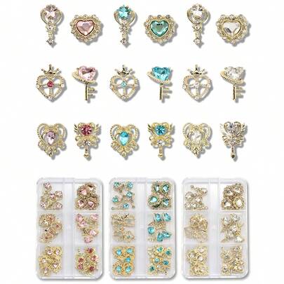 每盒30件美甲饰品立体美甲套装粉色、蓝色、白色、仙女棒、美少女系列、闪闪发光的宝石水晶DIY美甲产品美甲用品指甲指甲饰品