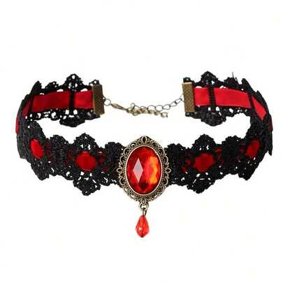 Black Lace Gothic Neck Ring Vampire Collar Pendant Chain With Rhinestones, Halloween Costume, Holiday Gifts