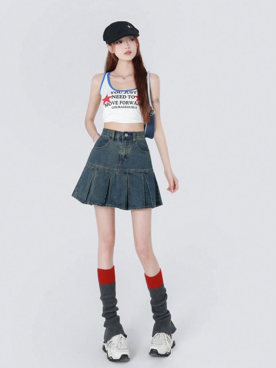 YEAE | YKK Vintage Blue High-Waisted Pleated A-Line Skirt - Medium Wash - View 1