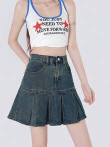 YEAE | YKK Vintage Blue High-Waisted Pleated A-Line Skirt - Medium Wash - View 5