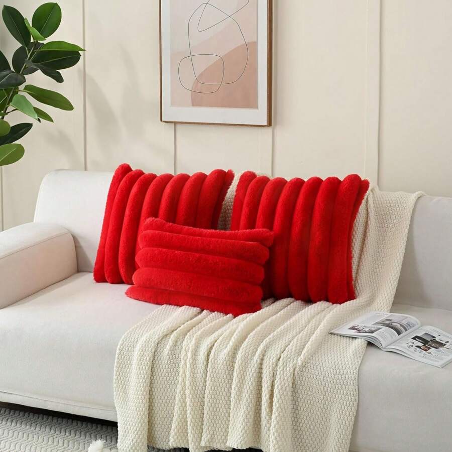 1pc Solid Color Cushion Cover (Pillow Insert Not Included), Soft Faux Fur Large Striped Decorative Pillow Sham, Suitable For Living Room Sofa