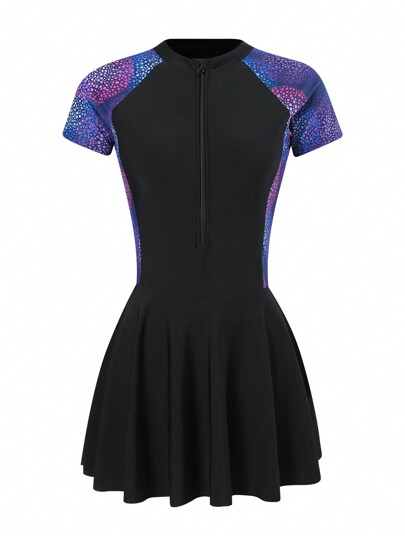 Women's Tropical Print One-Piece Swimsuit Dress, Zipper Closure, Slimming, Conservative High-End Beach Sports One Piece Swimsuit Summer