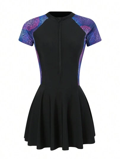 Women's Tropical Print One-Piece Swimsuit Dress, Zipper Closure, Slimming, Conservative High-End Beach Sports One Piece Swimsuit Summer