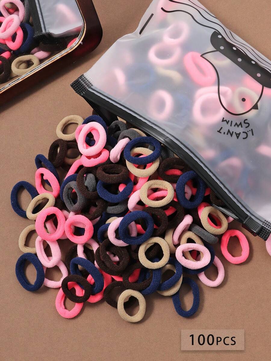 100 pièces/paquet Petits élastiques à cheveux pour femmes, bandes en caoutchouc noires et de couleurs sourdes, accessoires de queue de cheval décontractés, chouchous doux pour tous les saisons, supports de queue de cheval, élastiques à cheveux, tenue de sport de gym, accessoires de tête élastiques, été, vacances, voyage - Multicolore - Voir 1