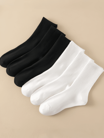 6 paires Chaussettes d'équipe noires et blanches unies, chaussettes athlétiques pour femmes mi-mollet, convient avec pantalon de yoga, école