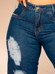 Plus Size High Waist Hem Jeans Made With Side Slit And Ripped Details - Màu xanh lam - Xem 2
